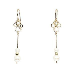 Handmade White Pearl Beaded Gold Tone Stick Dangle Earrings Boho Minimal